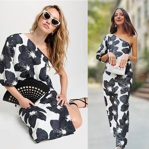 SOMETHING NAVY Floral Print Linen Cotton One Shoulder Puff Sleeve Column Gown L